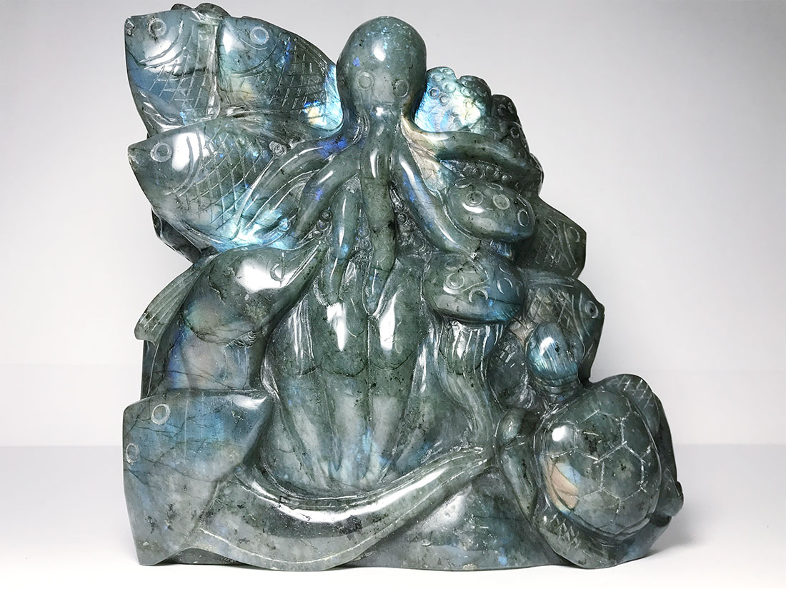 ラブラドライト 海の生き物たち ポリッシュ彫刻